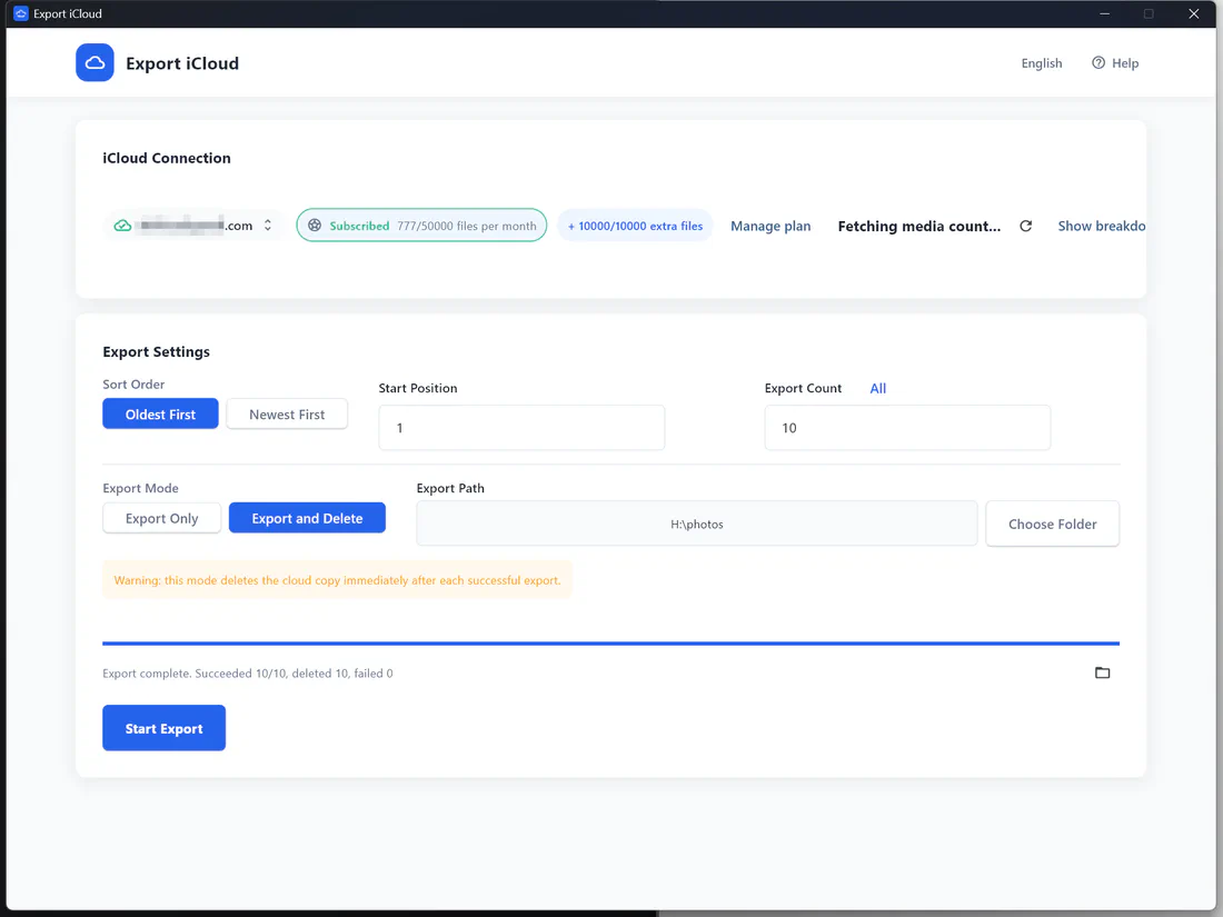 Export completed screen in Export iCloud
