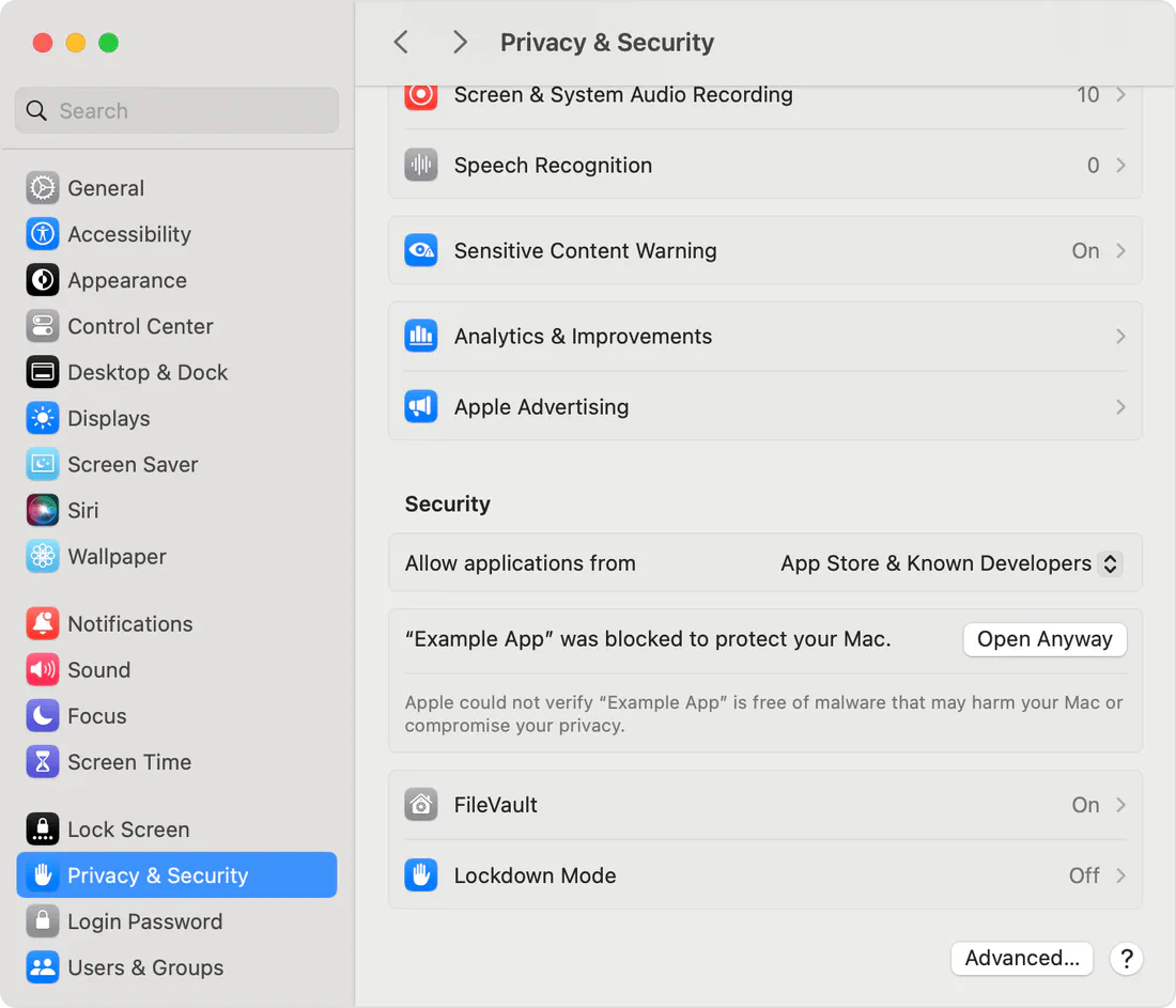 Open Anyway button in macOS Privacy & Security settings